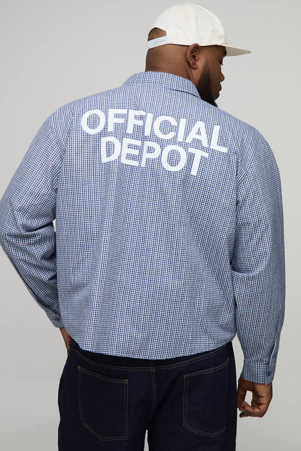 Plus Oversized Boxy Official Depot Print Micro Check Shirt | Blue | Size 2XL