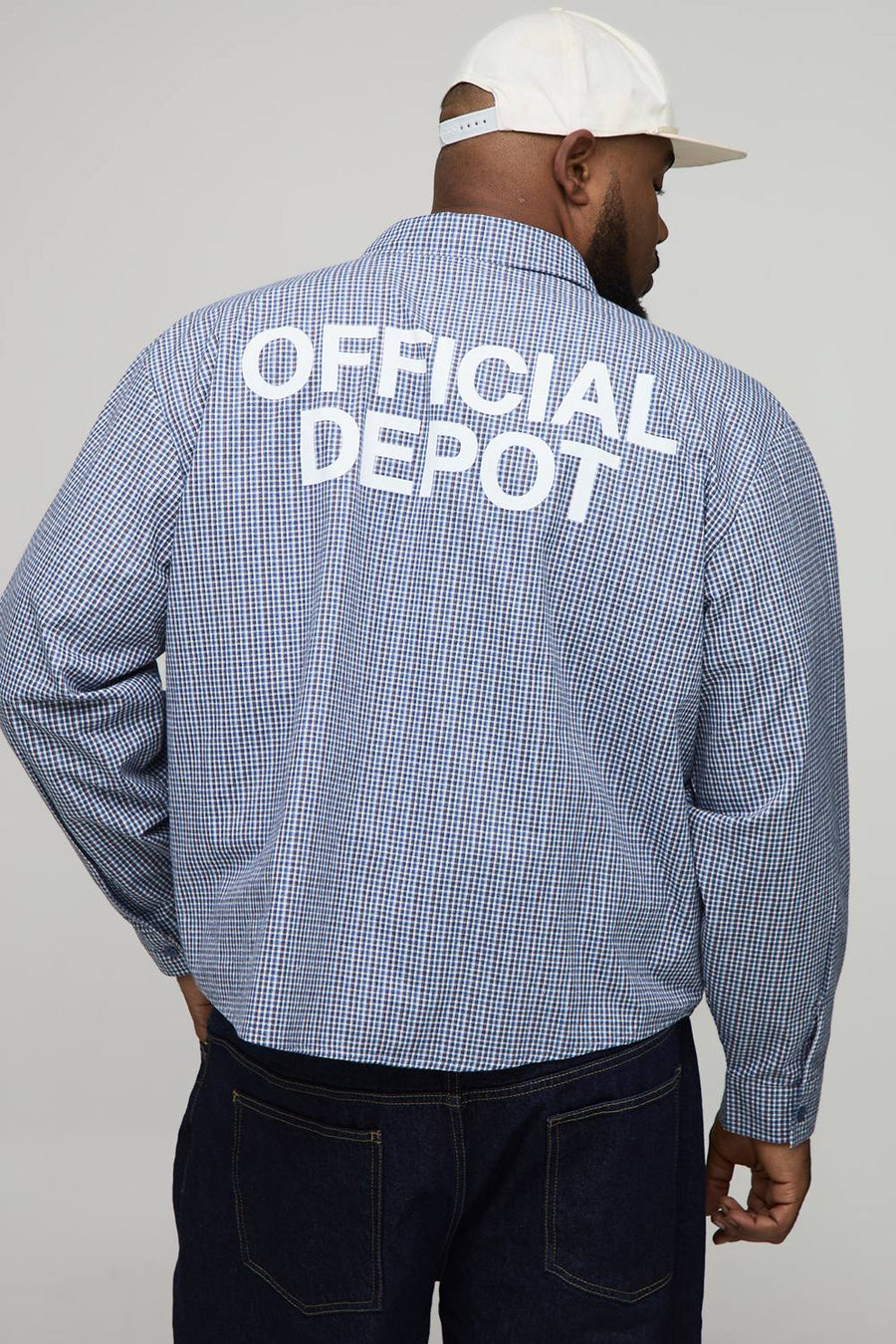 Plus Oversized Boxy Official Depot Print Micro Check Shirt | Blue | Size 2XL