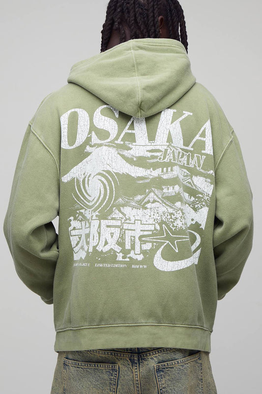 Oversized Washed Green Osaka Printed Hoodie | Size Medium