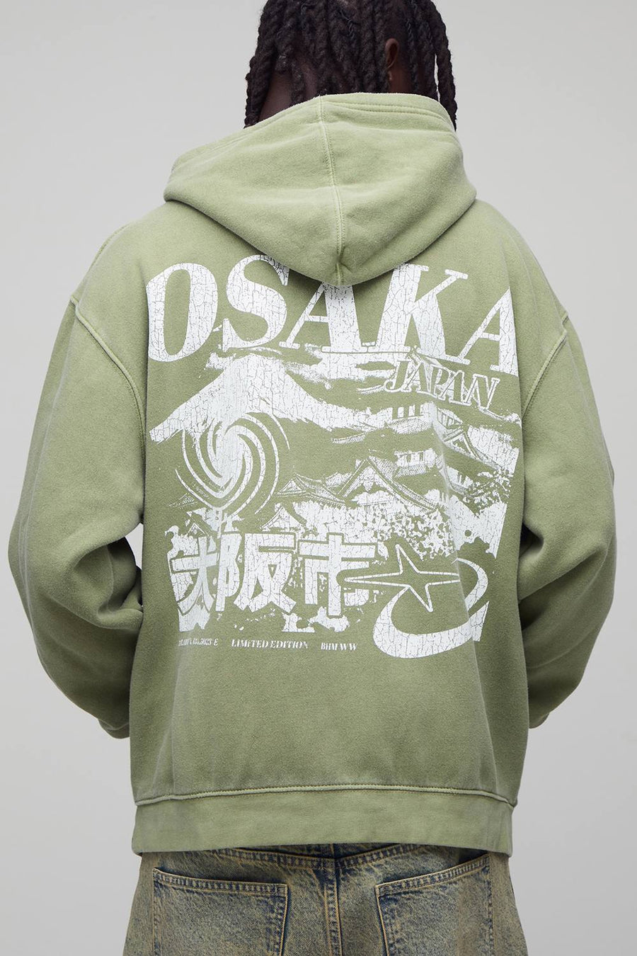 Oversized Washed Green Osaka Printed Hoodie | Size Medium