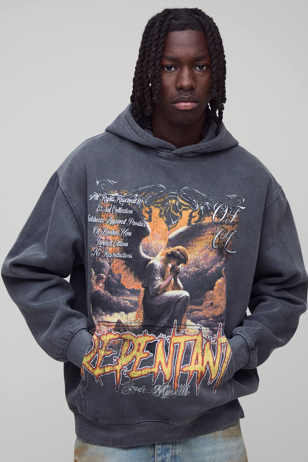Charcoal Oversized Graphic Washed Hoodie | Size Medium