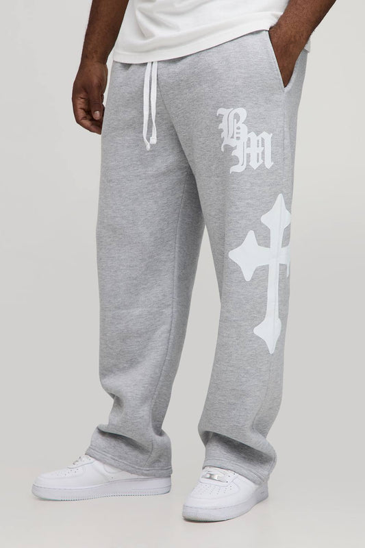 Plus Baggy Gothic BM Cross Print Joggers | Grey Marl | Size 5XL