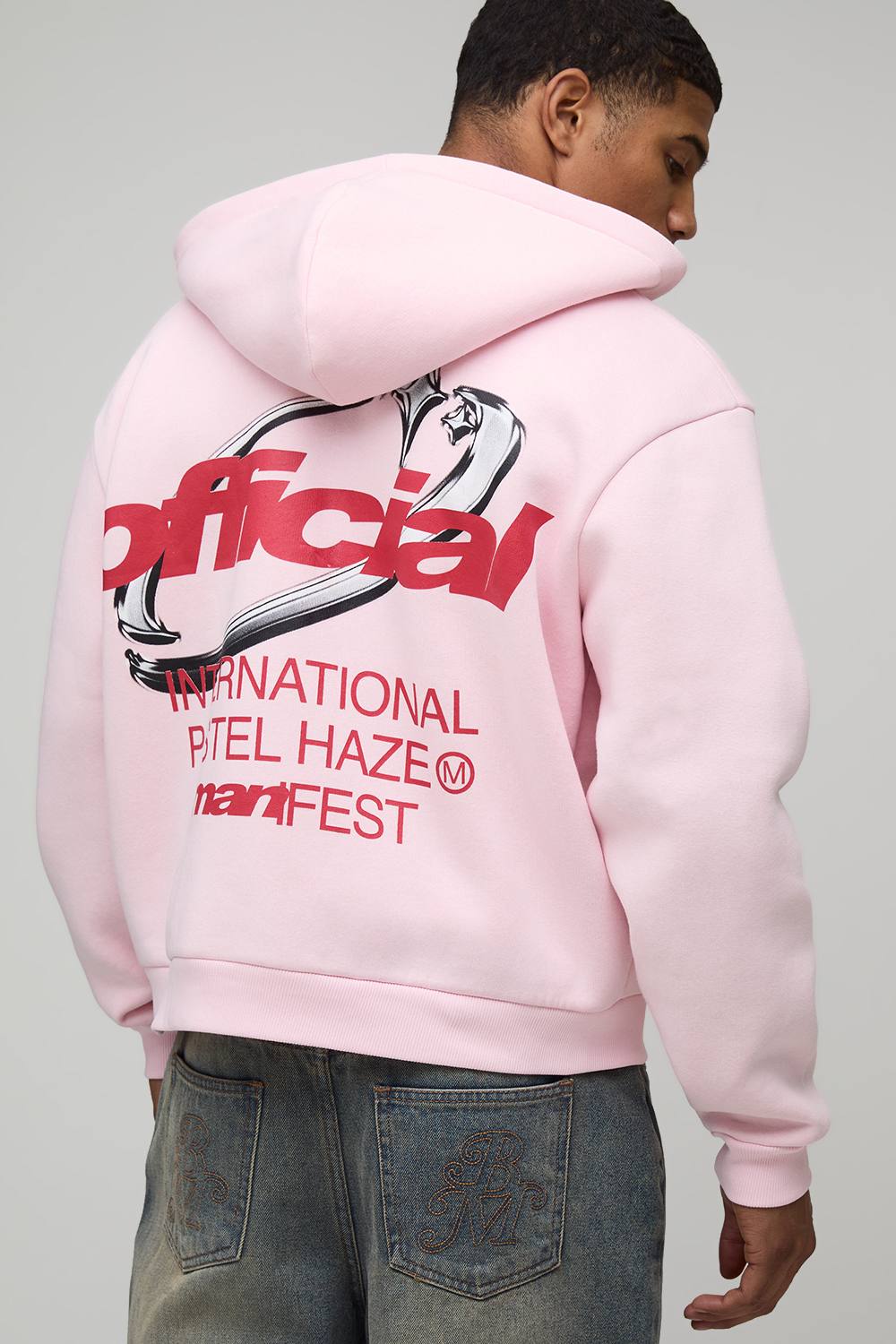 Oversized Boxy Official Zip Through Hoodie | Pink | Size Medium