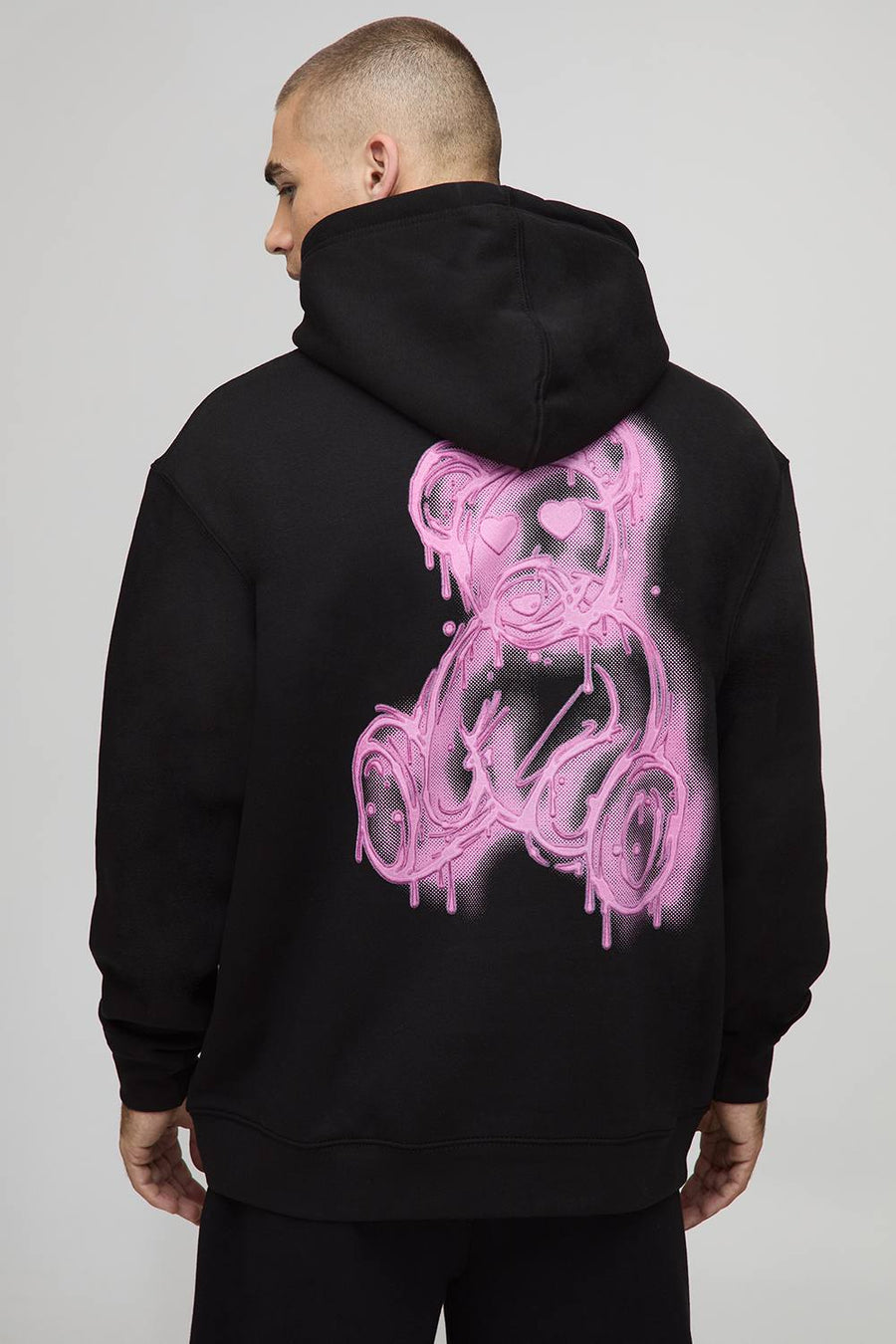 Black Oversized Spray On Teddy Printed Hoodie | Size Medium