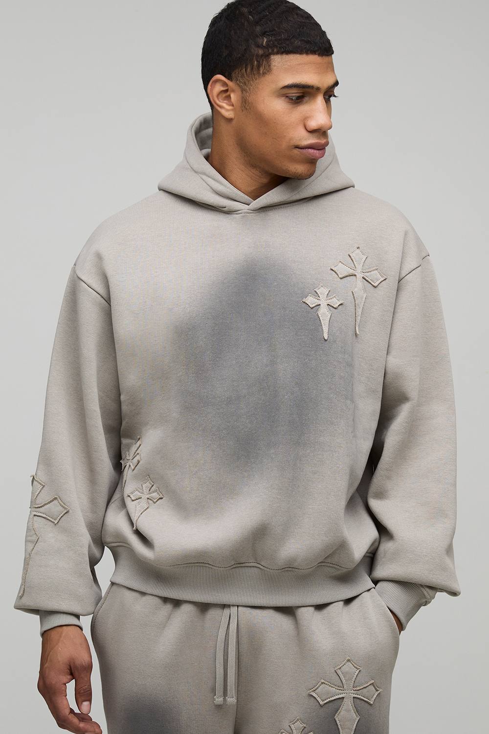 Oversized Boxy Spray Wash Cross Applique Hoodie | Grey | Size Medium