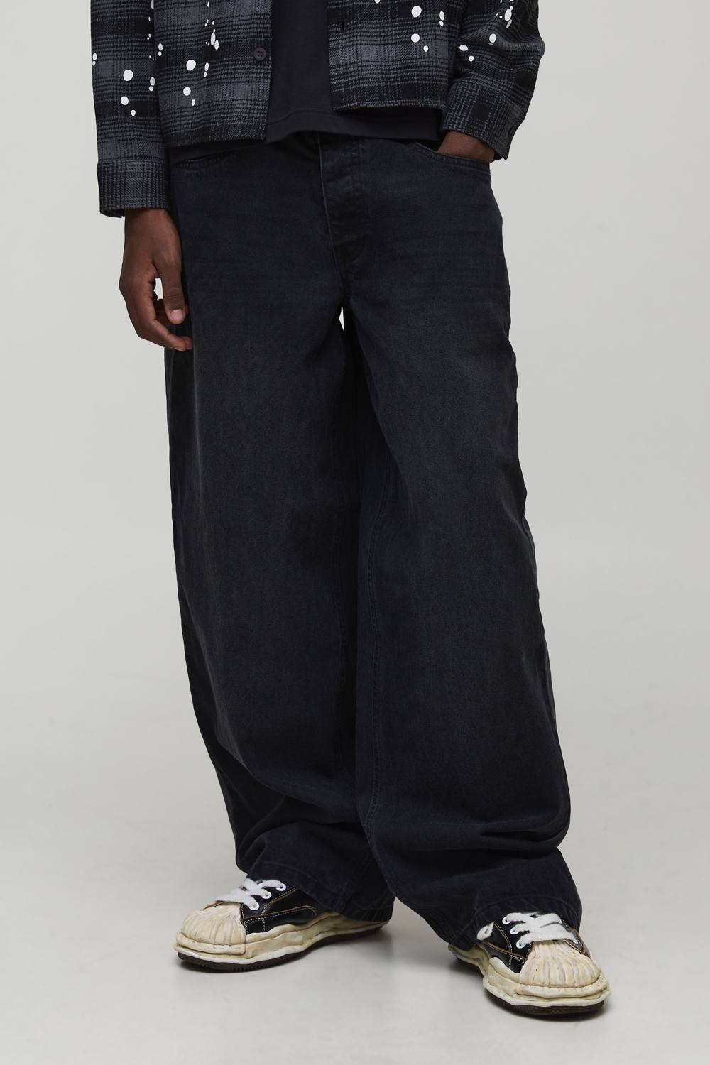 Baggy Fit Washed Side Panel Jeans | Black | Size 34R