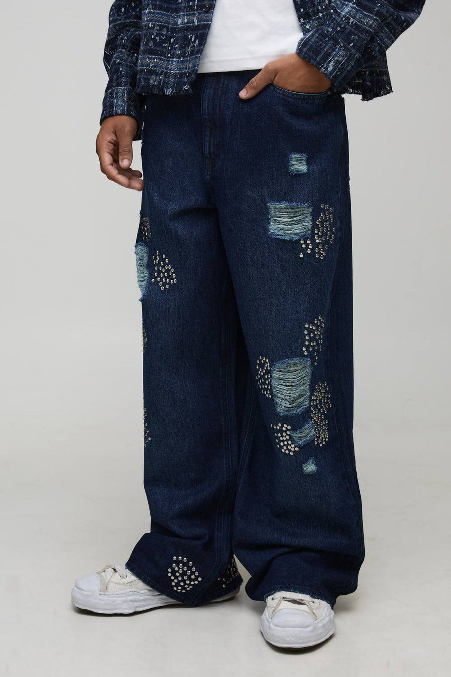 Wide Leg Rip & Repair Studded Jeans | Dark Blue | Size 28R