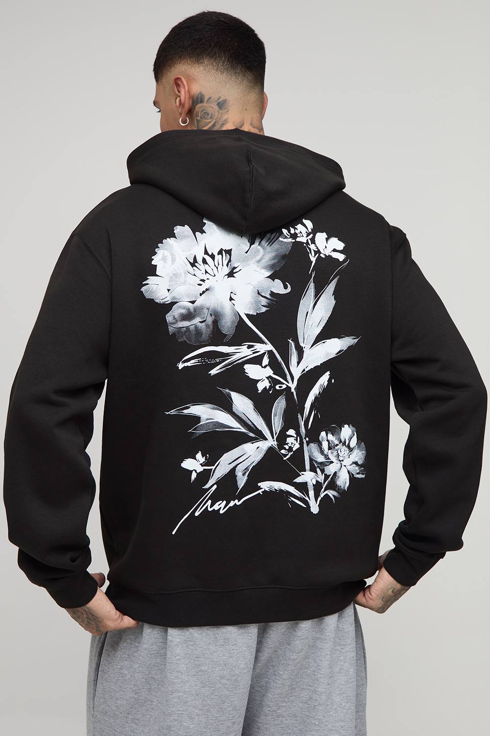 Tall Oversized Floral Print Hoodie | Black | Size Medium