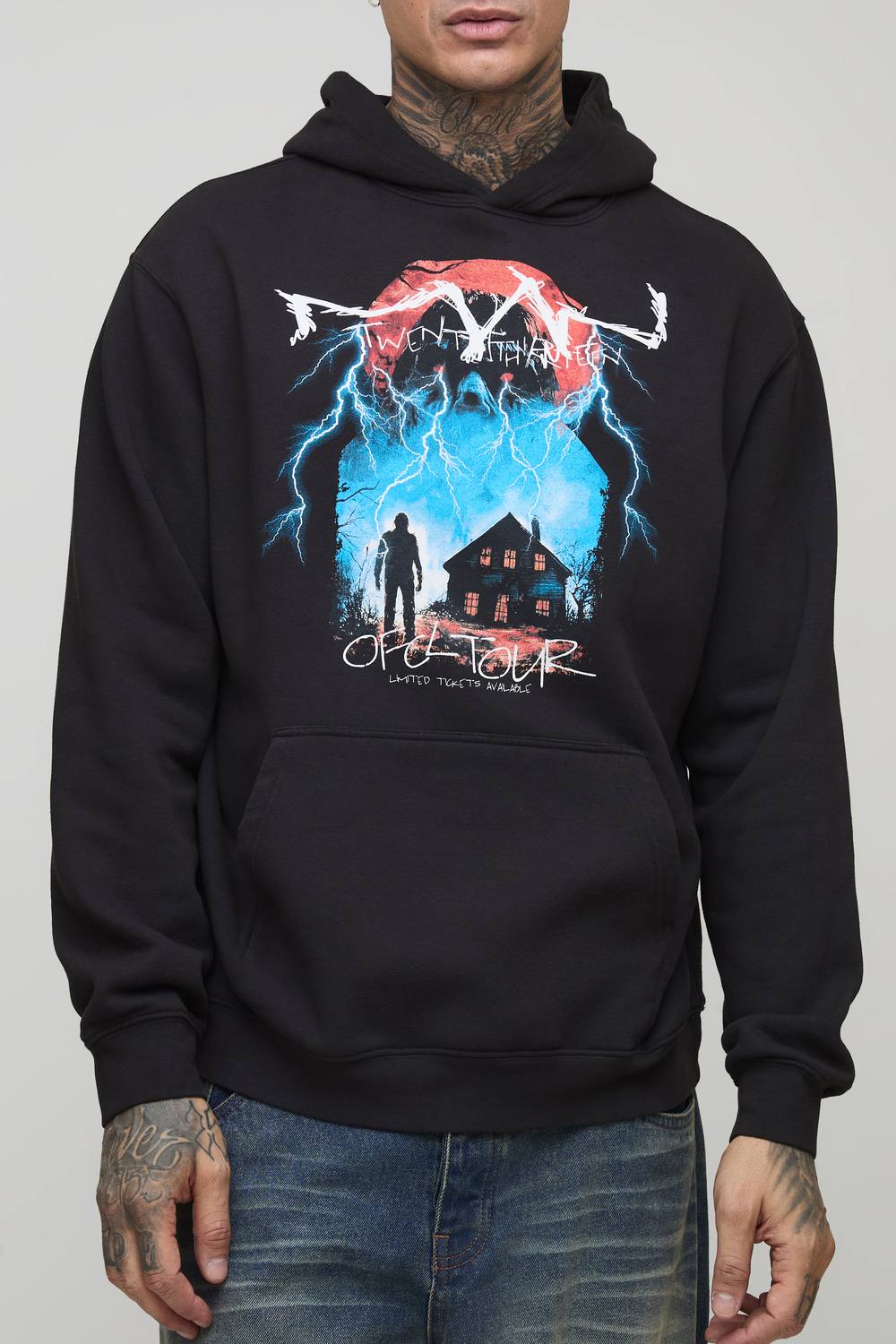 Tall Oversized Gothic OFCL TOUR Man Vintage Wash Print Hoodie | Black | Size Medium