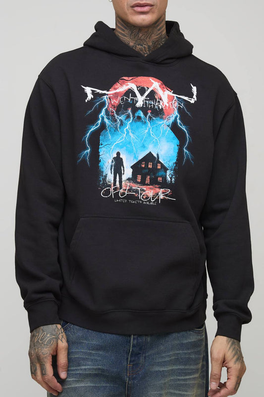 Tall Oversized Gothic OFCL TOUR Man Vintage Wash Print Hoodie | Black | Size Medium