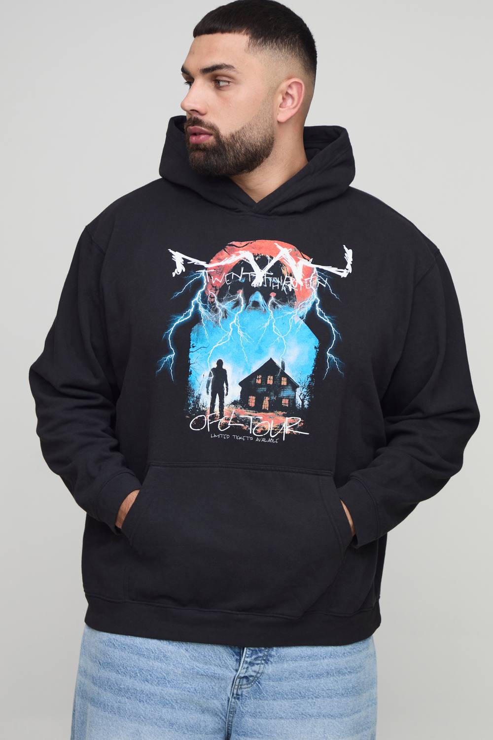 Plus Oversized Gothic OFCL TOUR Man Vintage Wash Print Hoodie | Black | Size 2XL
