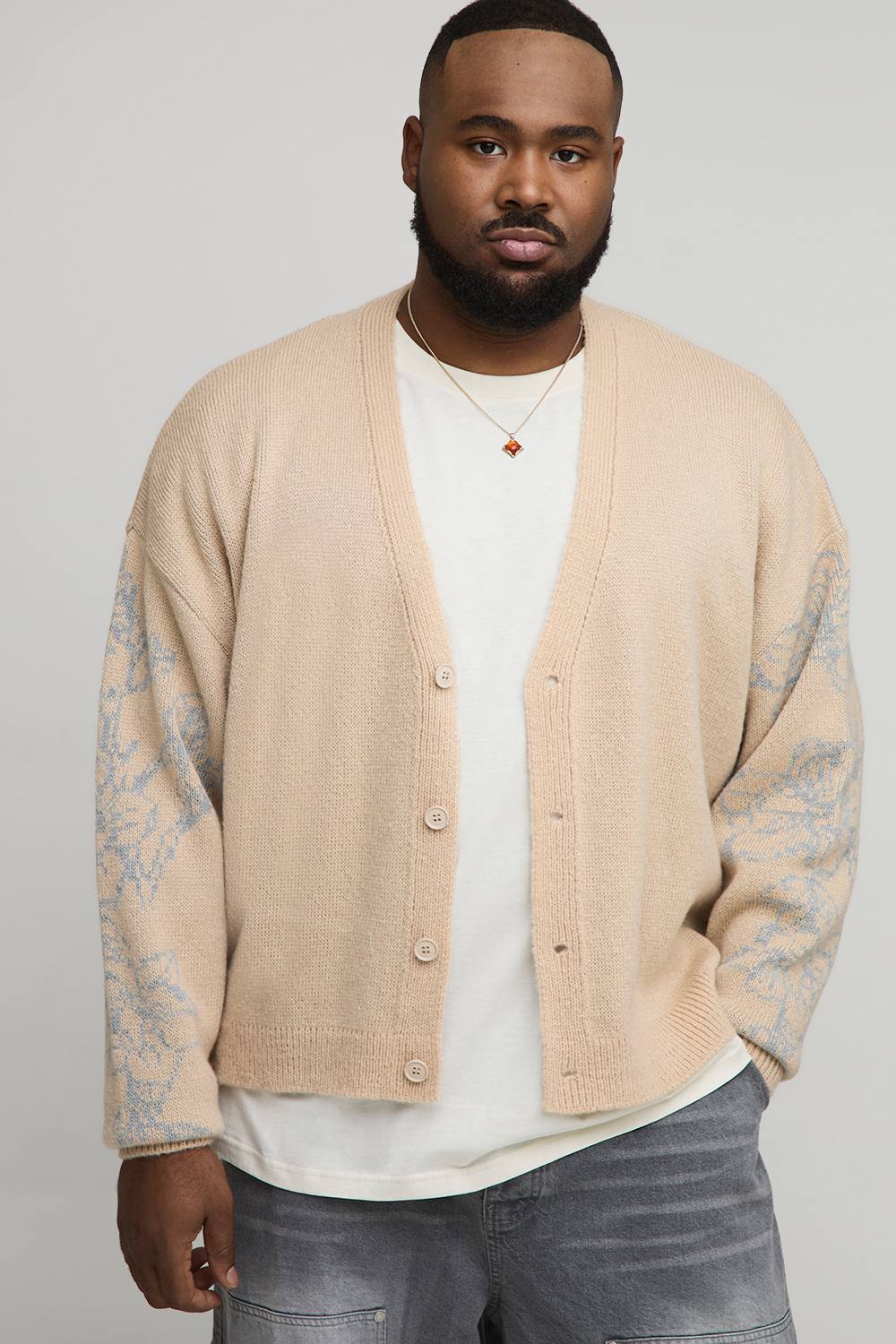 Plus Boxy Oversized Fluffy Floral Jacquard Knitted Cardigan | Stone | Size 2XL