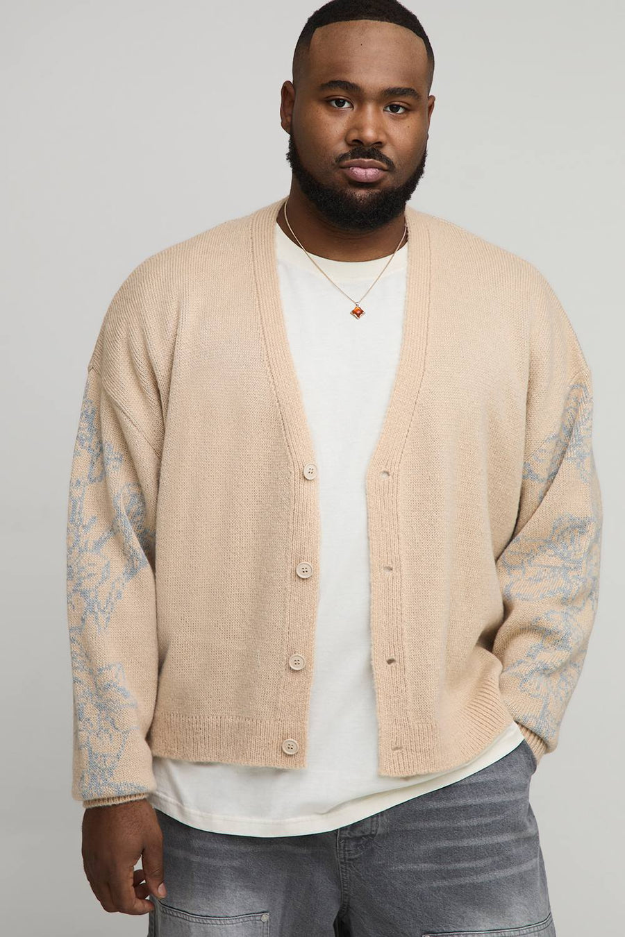 Plus Boxy Oversized Fluffy Floral Jacquard Knitted Cardigan | Stone | Size 2XL