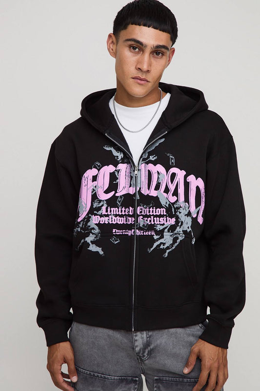 Black Oversized Boxy Zip Through Ofcl Man Printed Hoodie | Size Medium