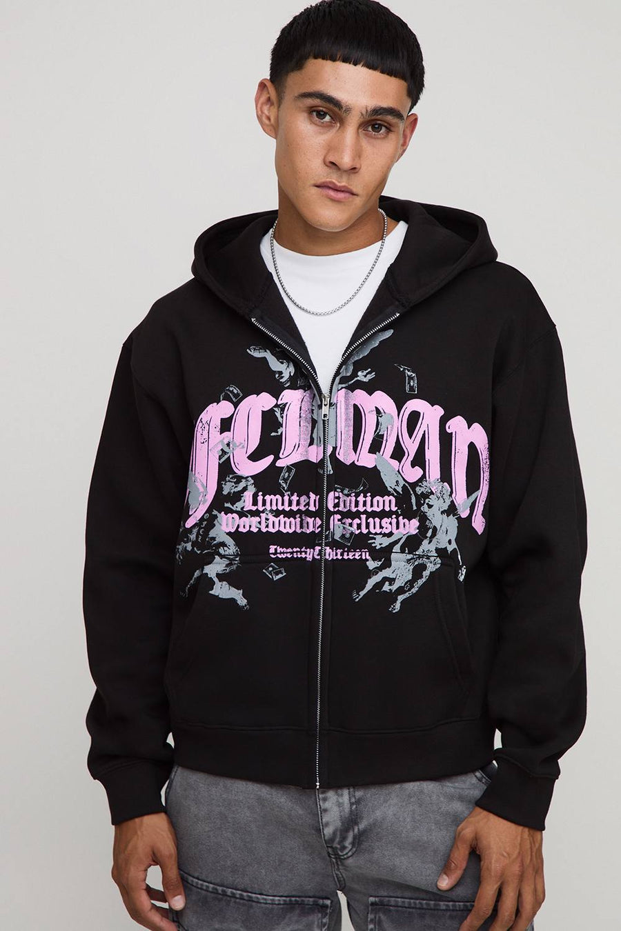 Black Oversized Boxy Zip Through Ofcl Man Printed Hoodie | Size Medium