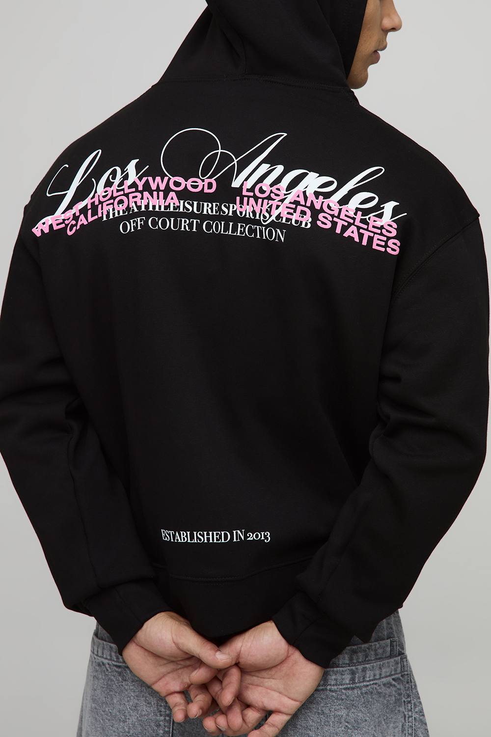 Black Oversized Boxy Zip Through Los Angeles Puff Print Hoodie | Size Medium