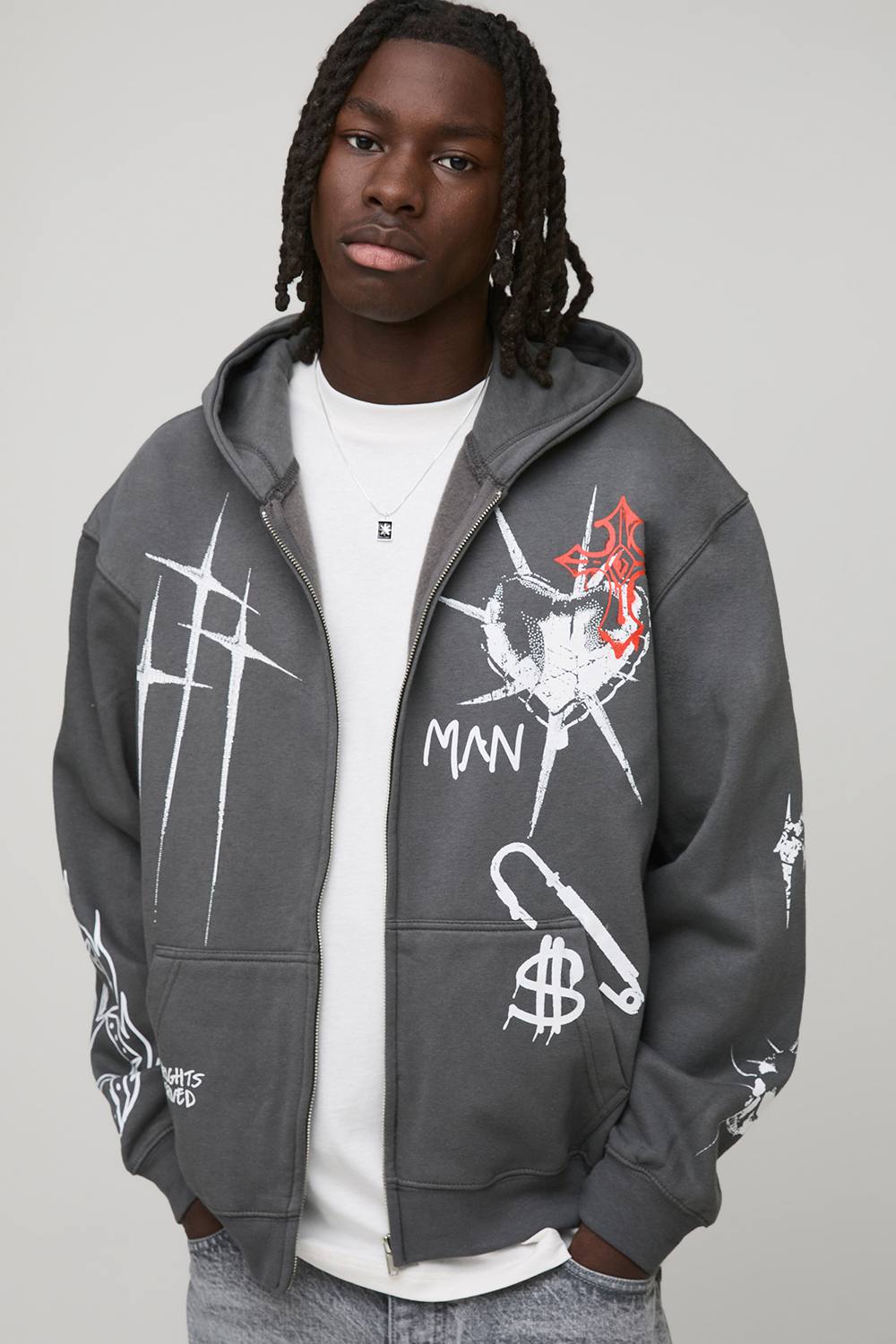 Charcoal Oversized Zip Through Graffiti Tattoo Printed Hoodie | Size XS