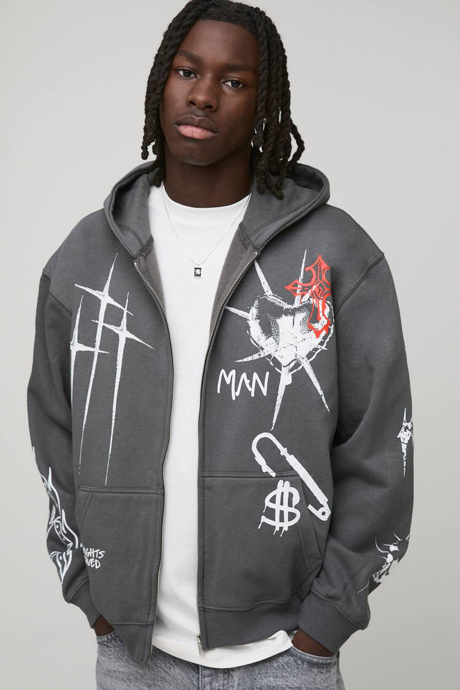 Charcoal Oversized Zip Through Graffiti Tattoo Printed Hoodie | Size XS