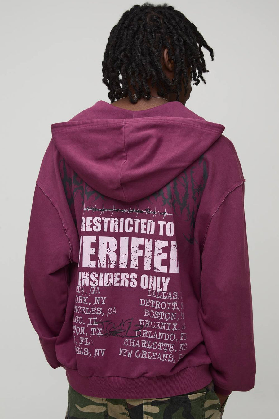 Oversized Boxy Exclusive Slogan Gothic V Neck Raw Hem Printed Washed Hoodie | Burgundy | Size Small