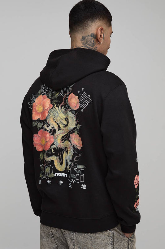 Tall Regular Fit Man Script Dragon Blossom Print Hoodie | Black | Size Medium