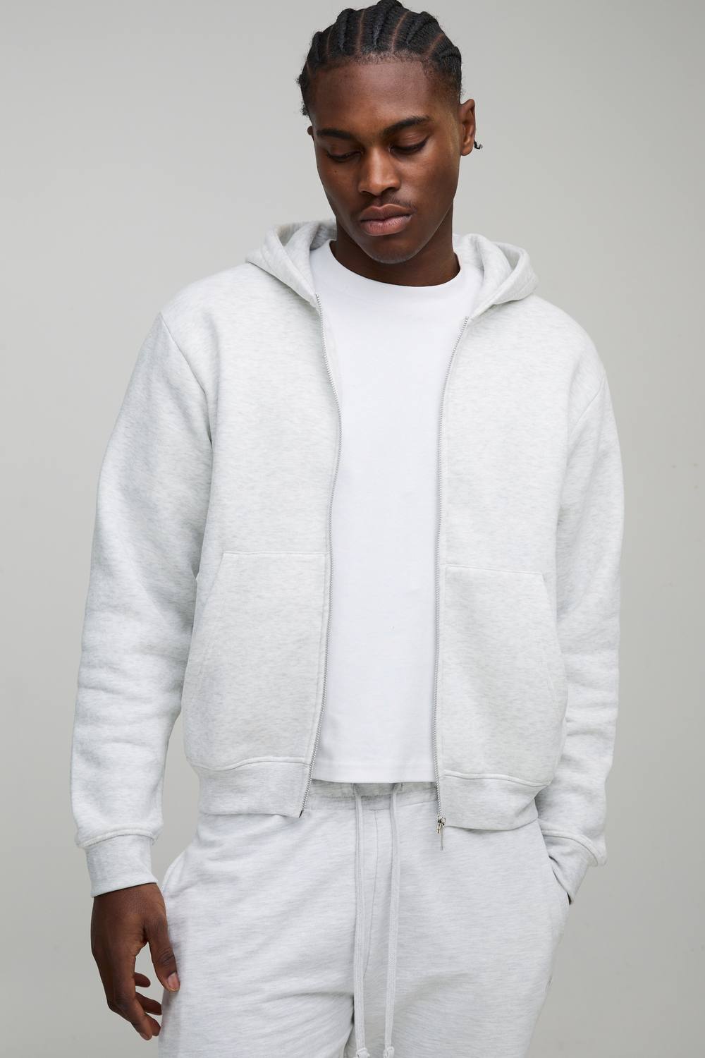Essential Boxy Zip Through Hoodie | Grey Marl | Size Medium