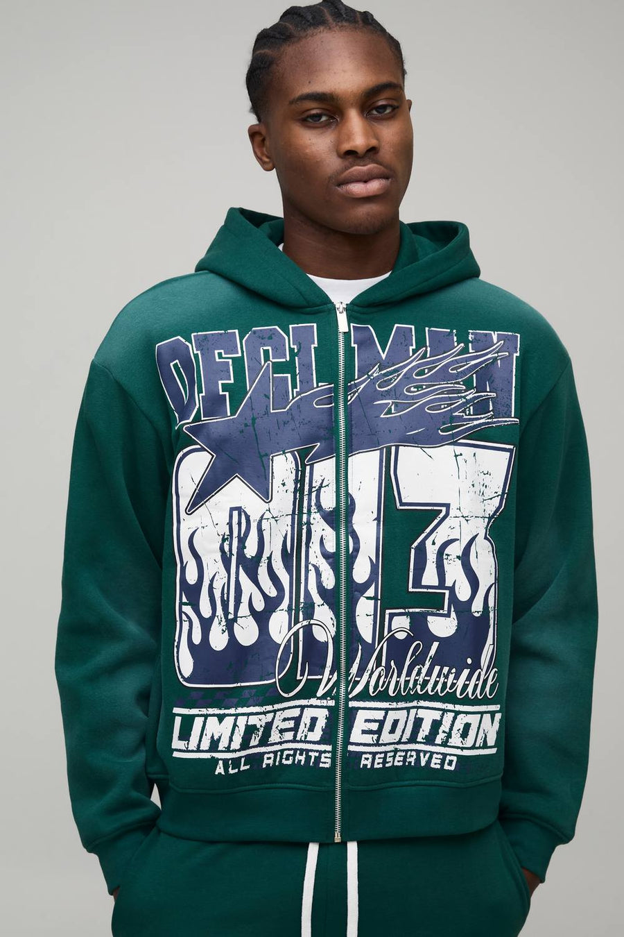 Oversized Boxy OFCL MAN Spray Wash Zip Through Hoodie | Forest | Size Medium
