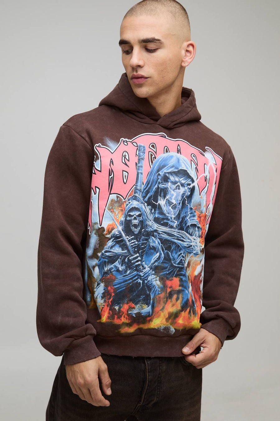 Boxy Washed Homme Gothic Graphic Distressed Hoodie | Brown | Size Medium