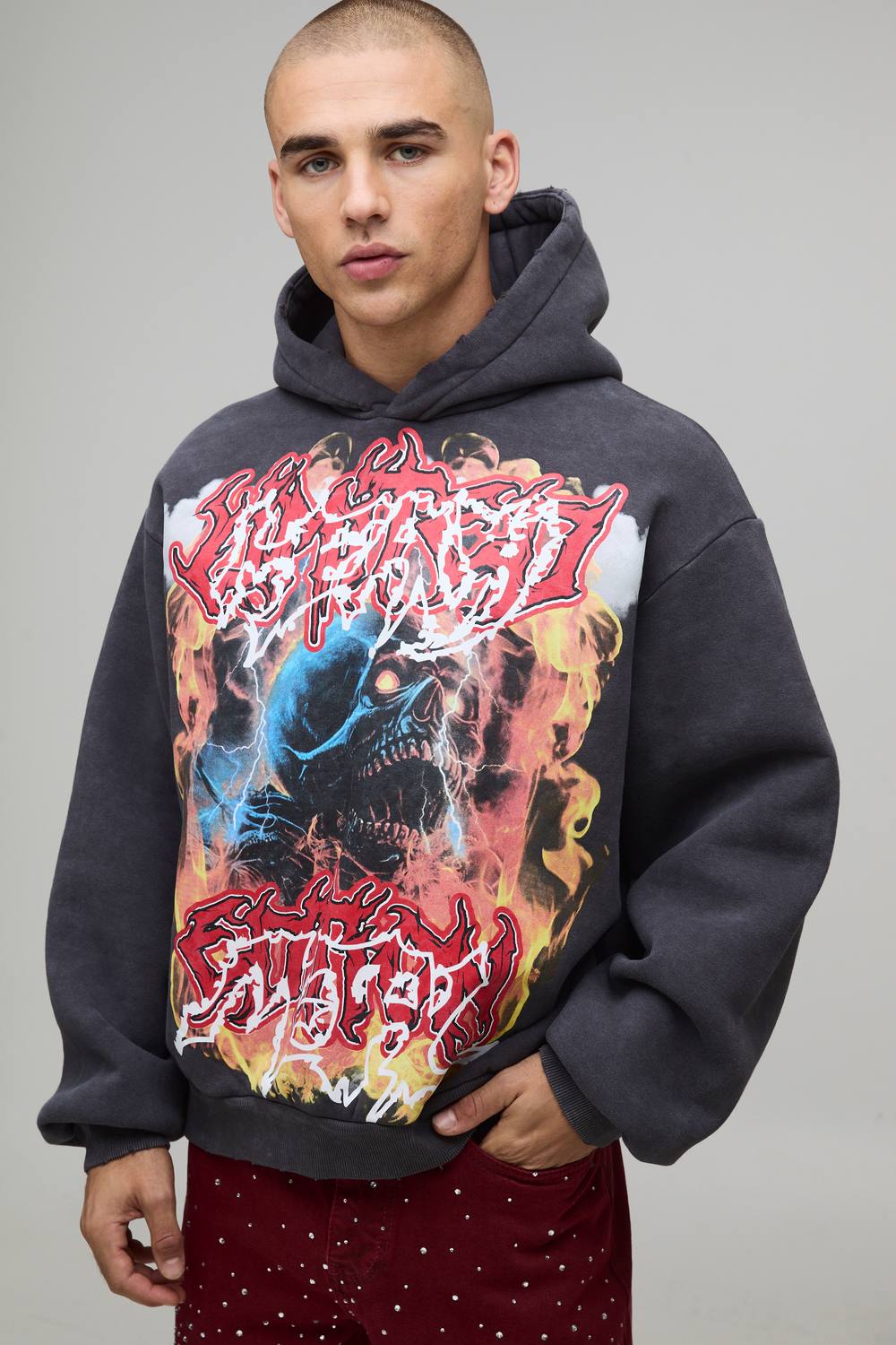 Oversized Boxy Acid Wash Heavy Metal Graphic Distressed Hoodie | Charcoal | Size Small