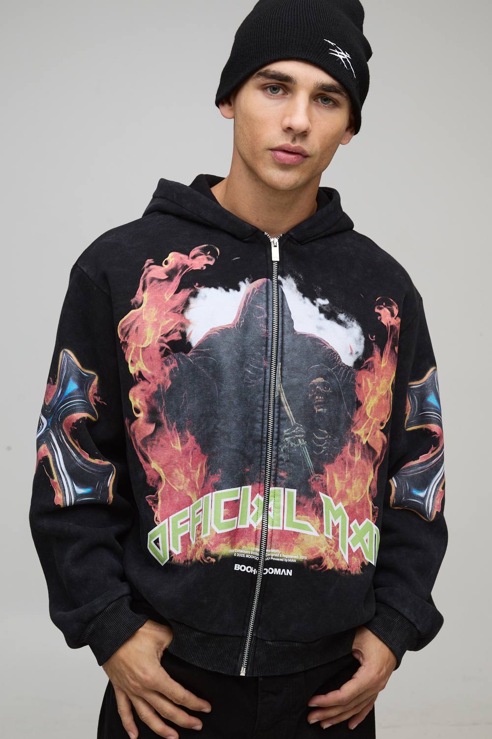 Oversized Boxy Acid Wash Gothic Graphic Zip Through Hoodie | Black | Size Small