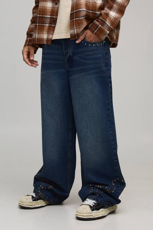 Baggy Fit Studded Western Embroidered Hem Jeans | Dark Blue | Size 30R