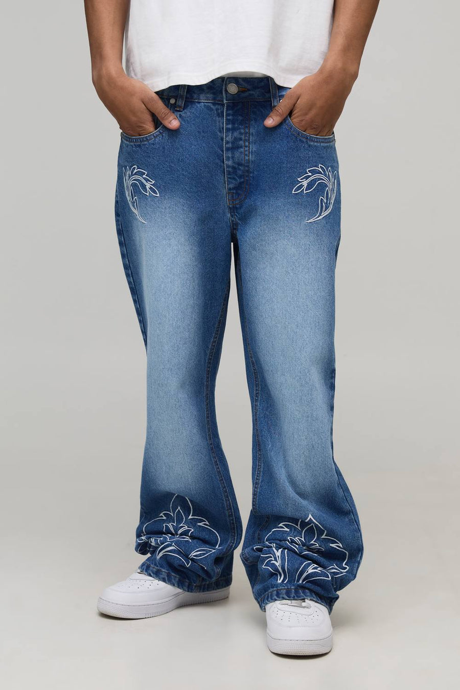 Straight Flared Western Embroidered Contrast Stitch Jeans | Light Blue | Size 36R