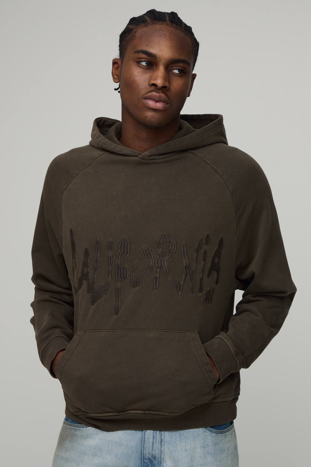 Oversized Washed Embroidered Loopback Hoodie | Khaki | Size Small