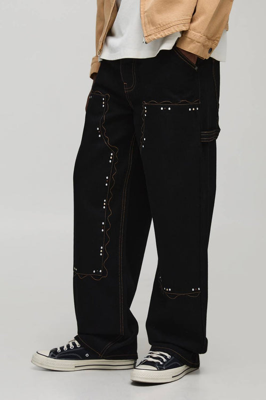 Relaxed Fit Carpenter Western Embellished Jeans | True Black | Size 32R