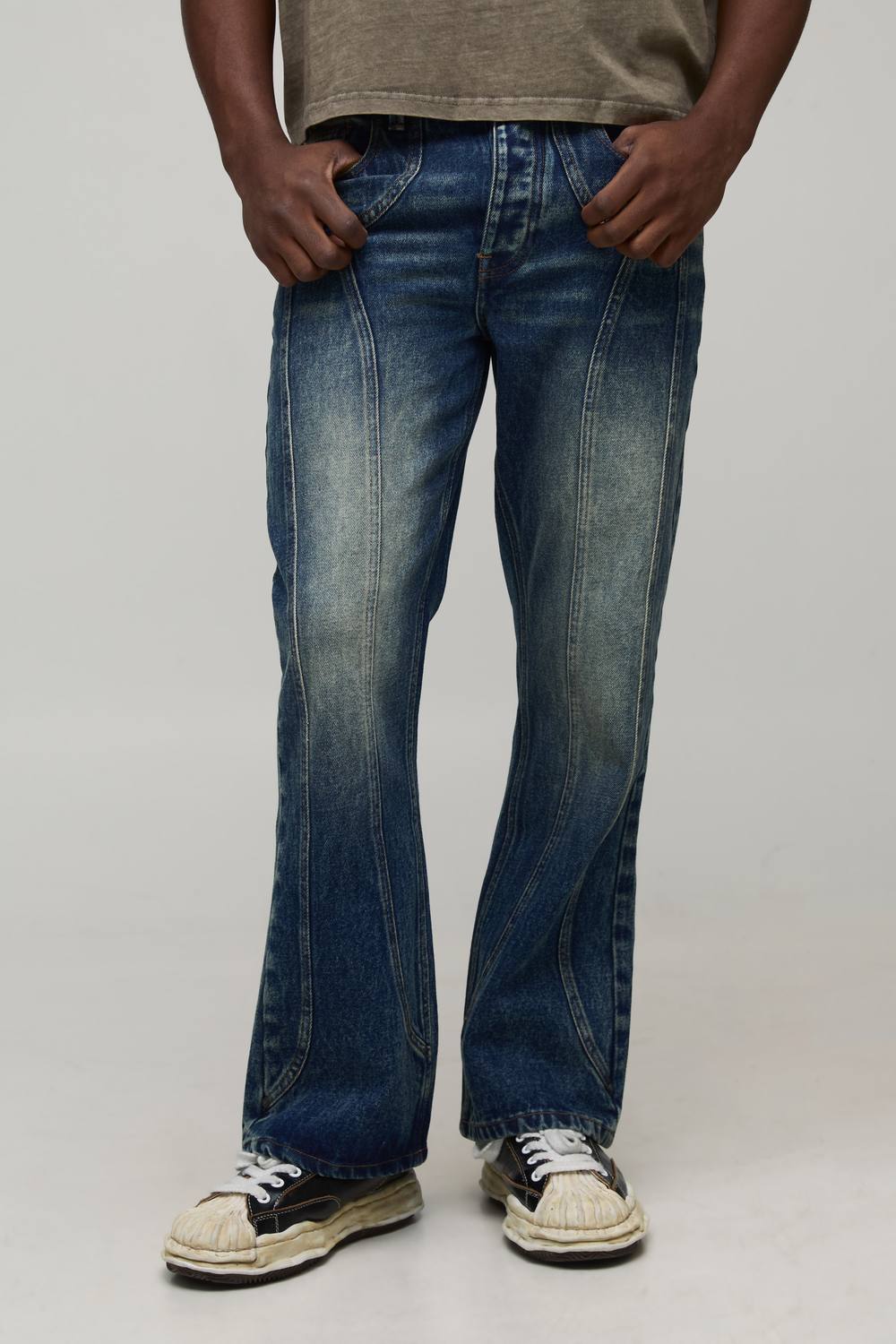 Straight Flared Washed Western Panel Jeans | Mid Wash | Size 28R