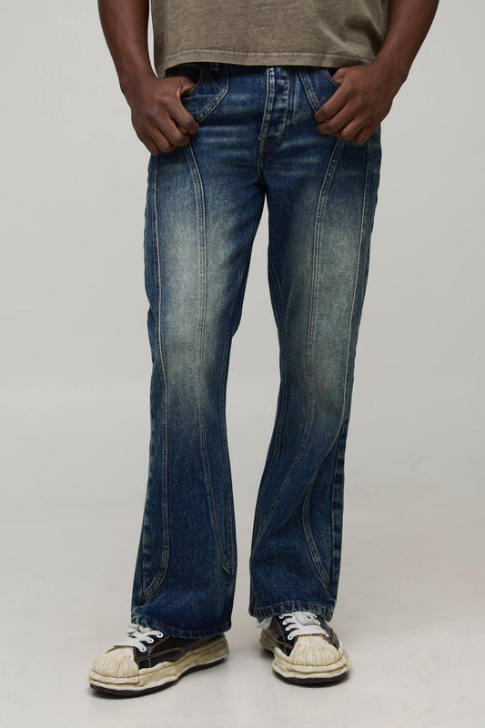 Straight Flared Washed Western Panel Jeans | Mid Wash | Size 28R