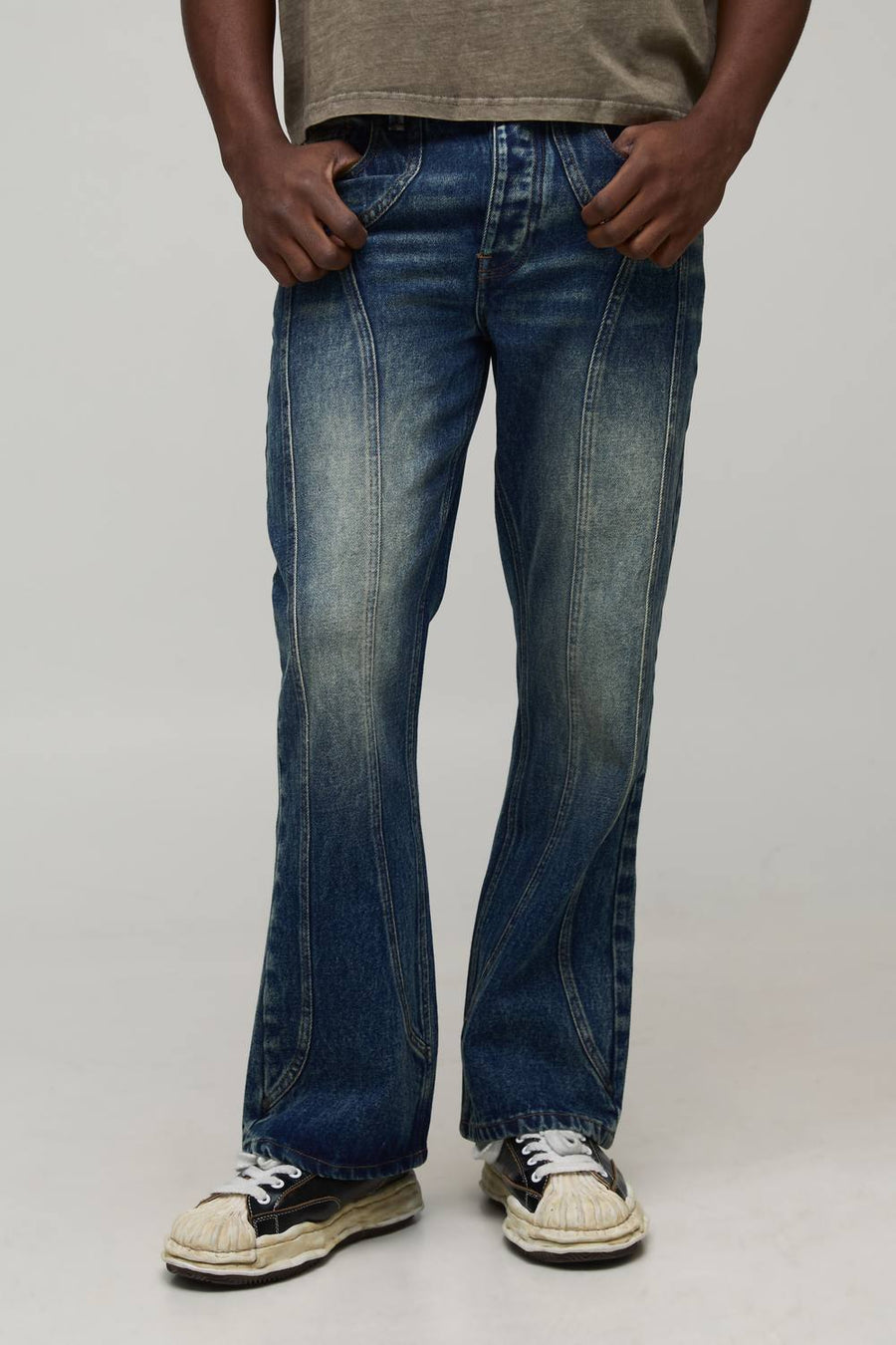 Straight Flared Washed Western Panel Jeans | Mid Wash | Size 28R