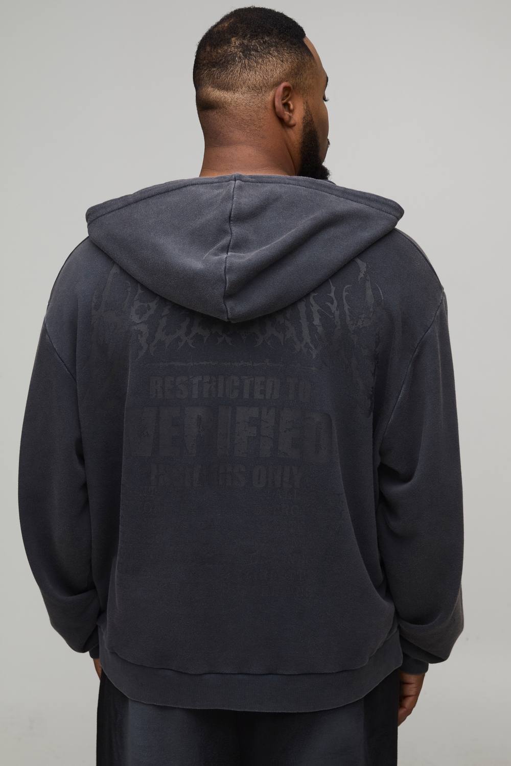 Plus Oversized Boxy Exclusive Slogan Gothic V Neck Raw Hem Printed Washed Hoodie | Washed Black | Size 4XL