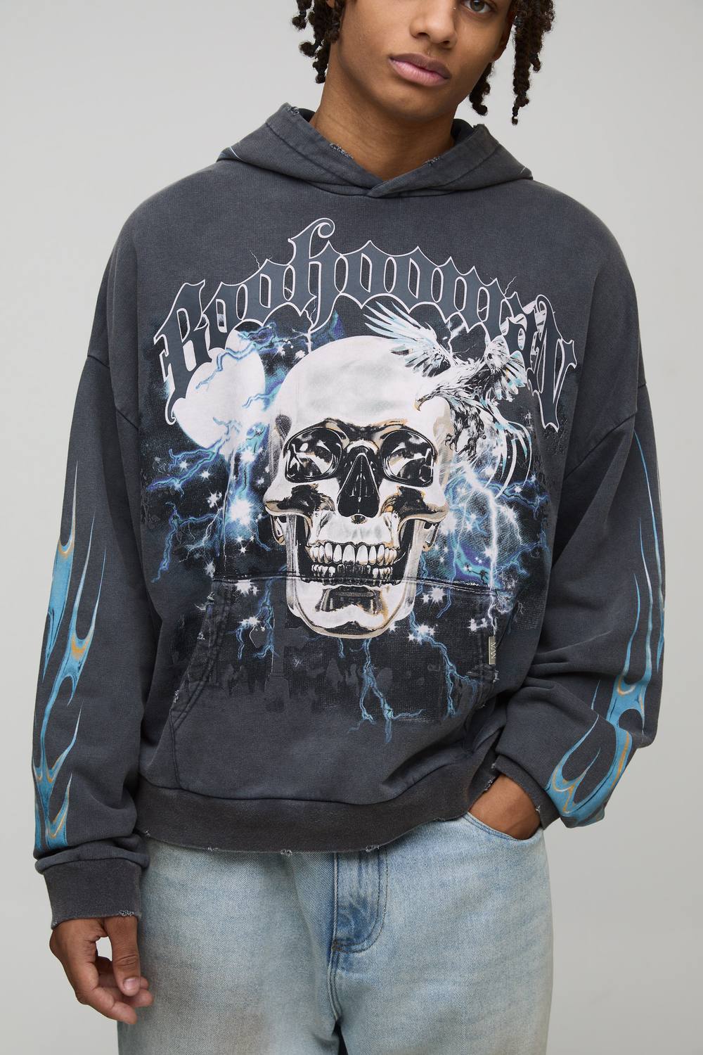 Black Oversized Premium BHM Skull Acid Wash Printed Hoodie | Washed Black | Size Small