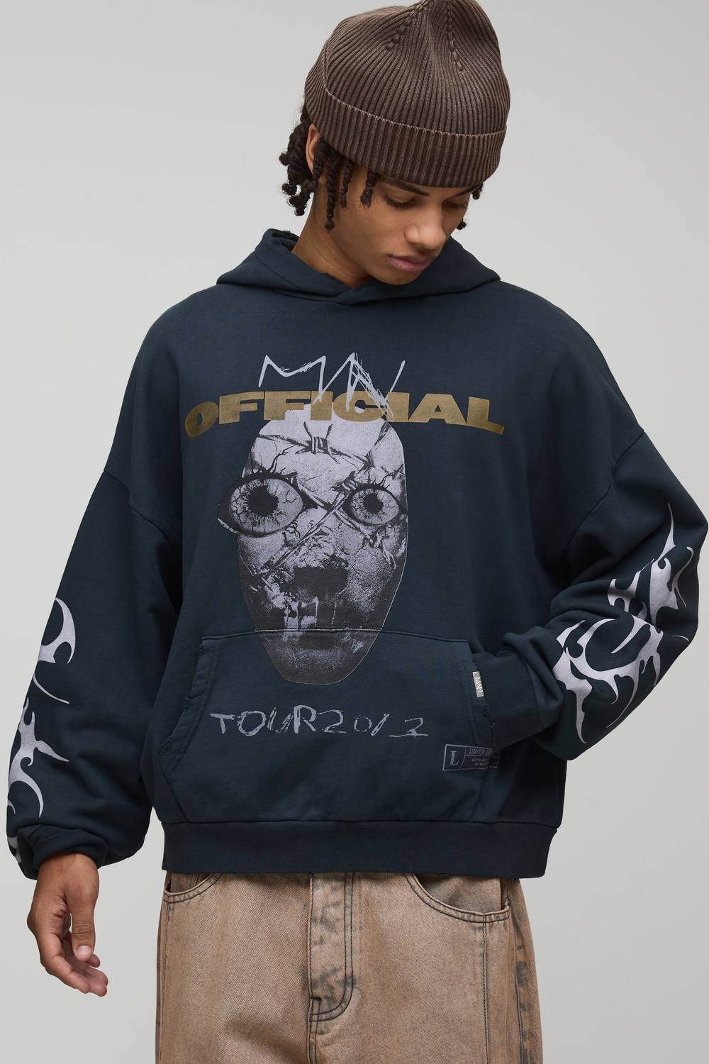 Black Oversized Premium Official Skull Washed Printed Hoodie | Washed Black | Size Medium