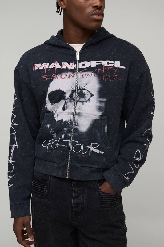Black Oversized Boxy Premium Man Ofcl Skull Acid Wash Printed Zip Through Hoodie | Washed Black | Size Small