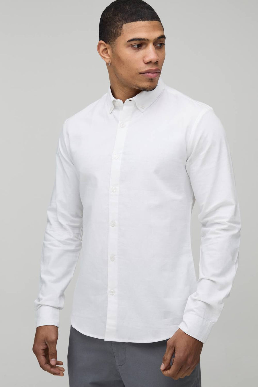 Slim Fit Button Down Collar Oxford Long Sleeve Shirt | White | Size Medium