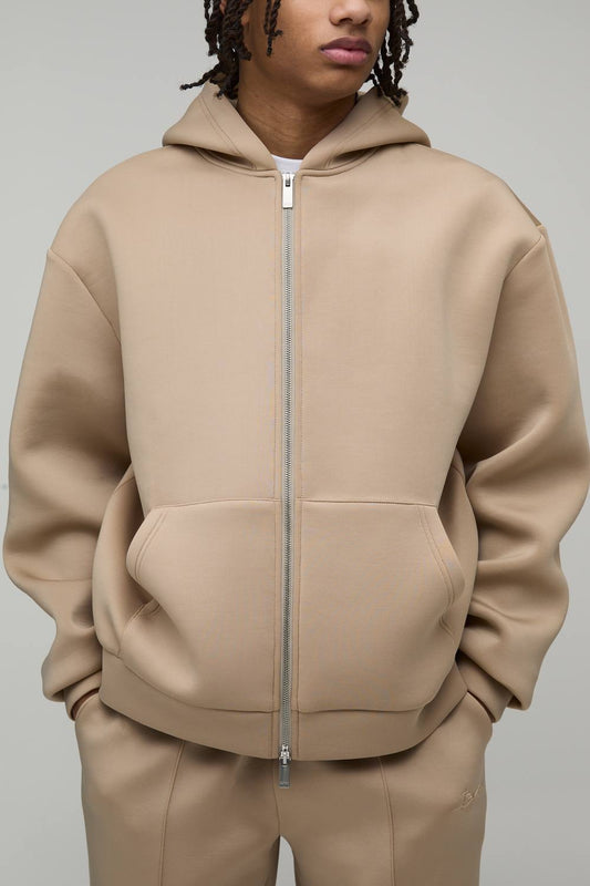 Oversized Boxy Bonded Scuba Zip Through Hoodie | Taupe | Size Medium