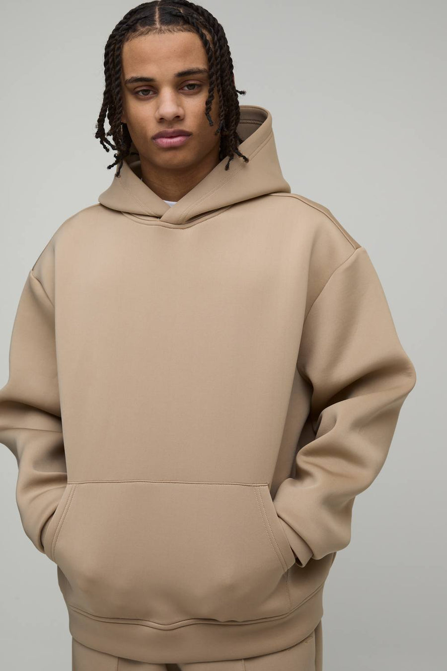 Oversized Boxy Bonded Scuba Hoodie | Taupe | Size Medium