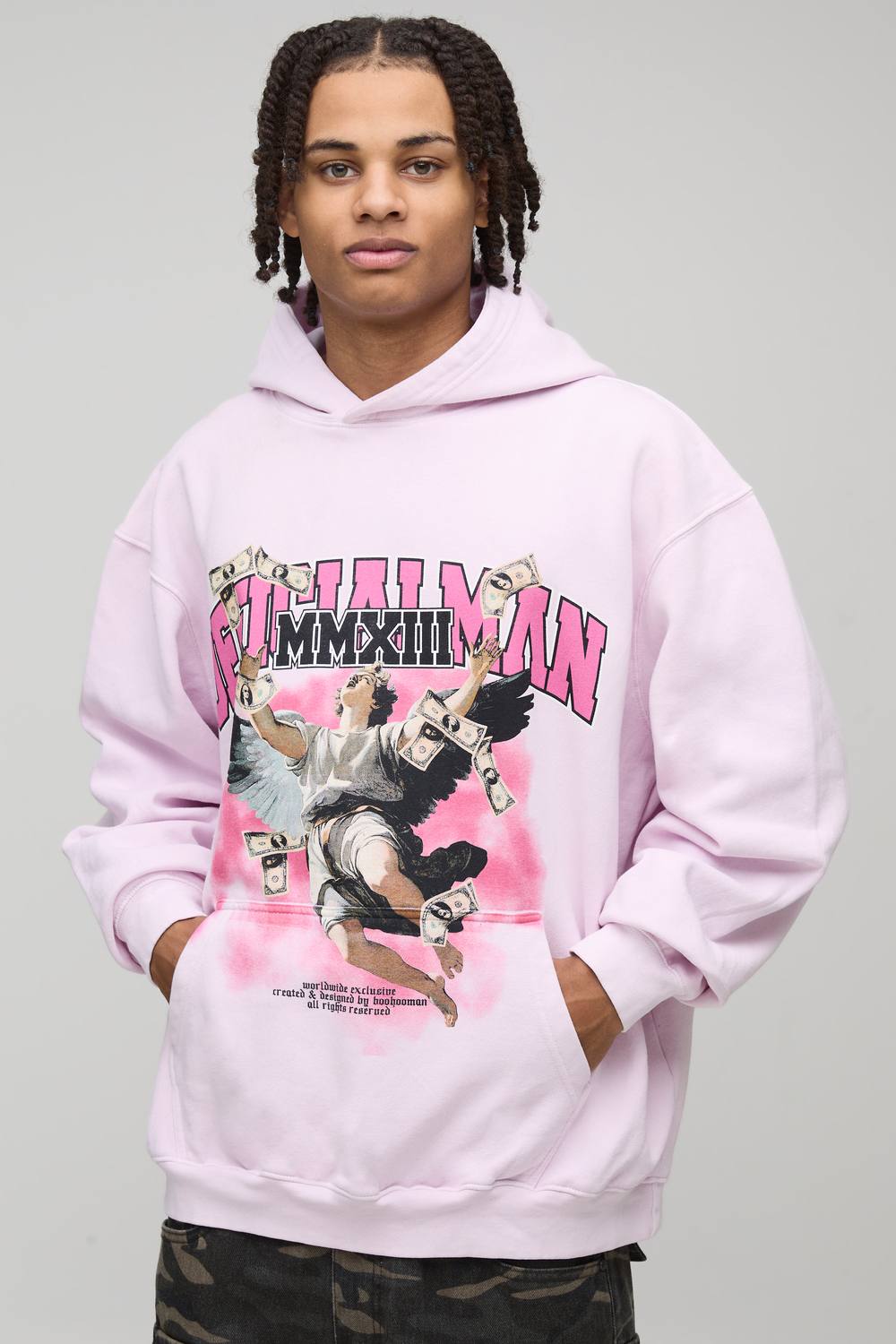 Washed Pink Oversized Puff Print Ofcl Man Graphic Printed Hoodie | Size Small