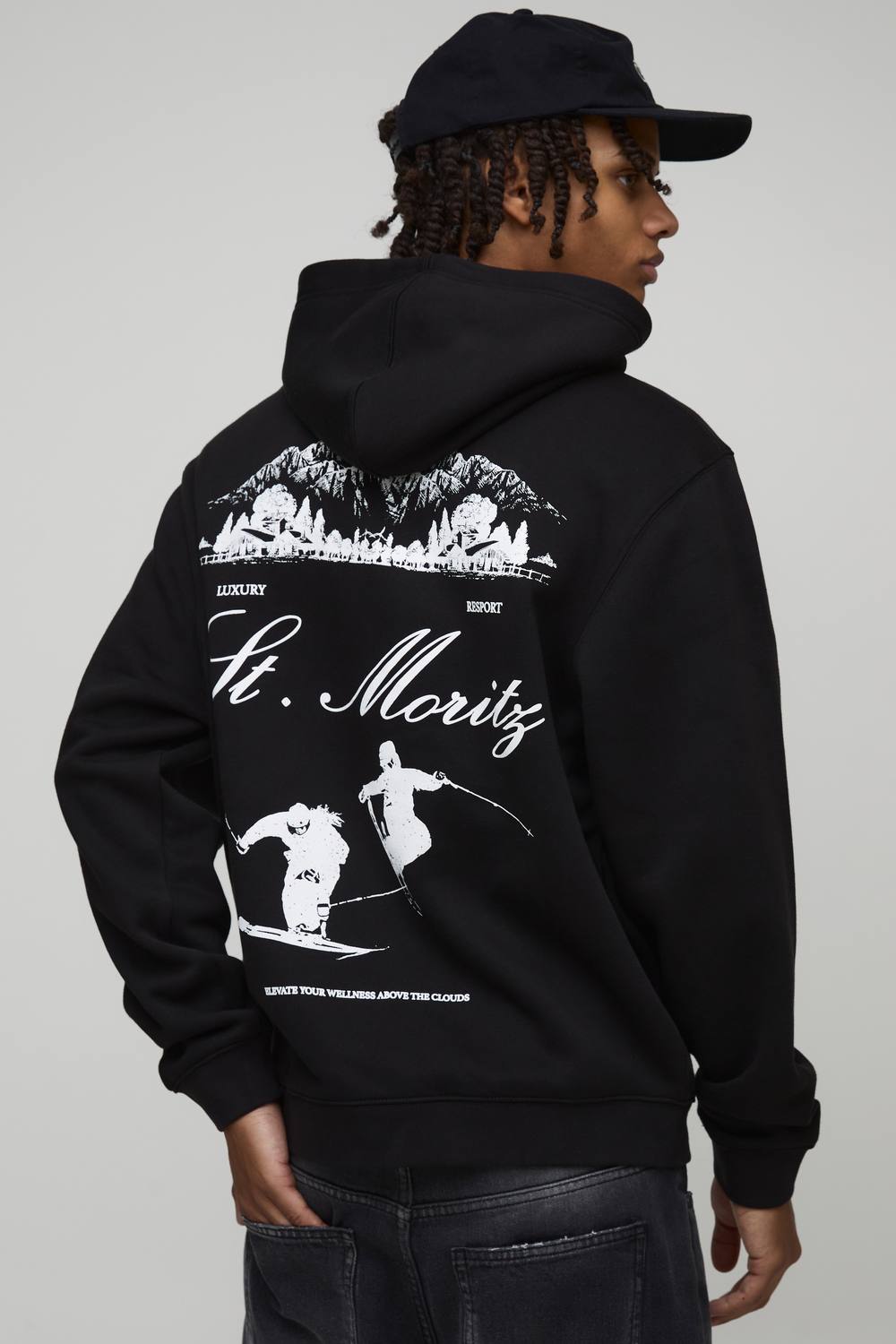 Black Relaxed Fit Mont Blanc Ski Graphic Hoodie | Size Medium