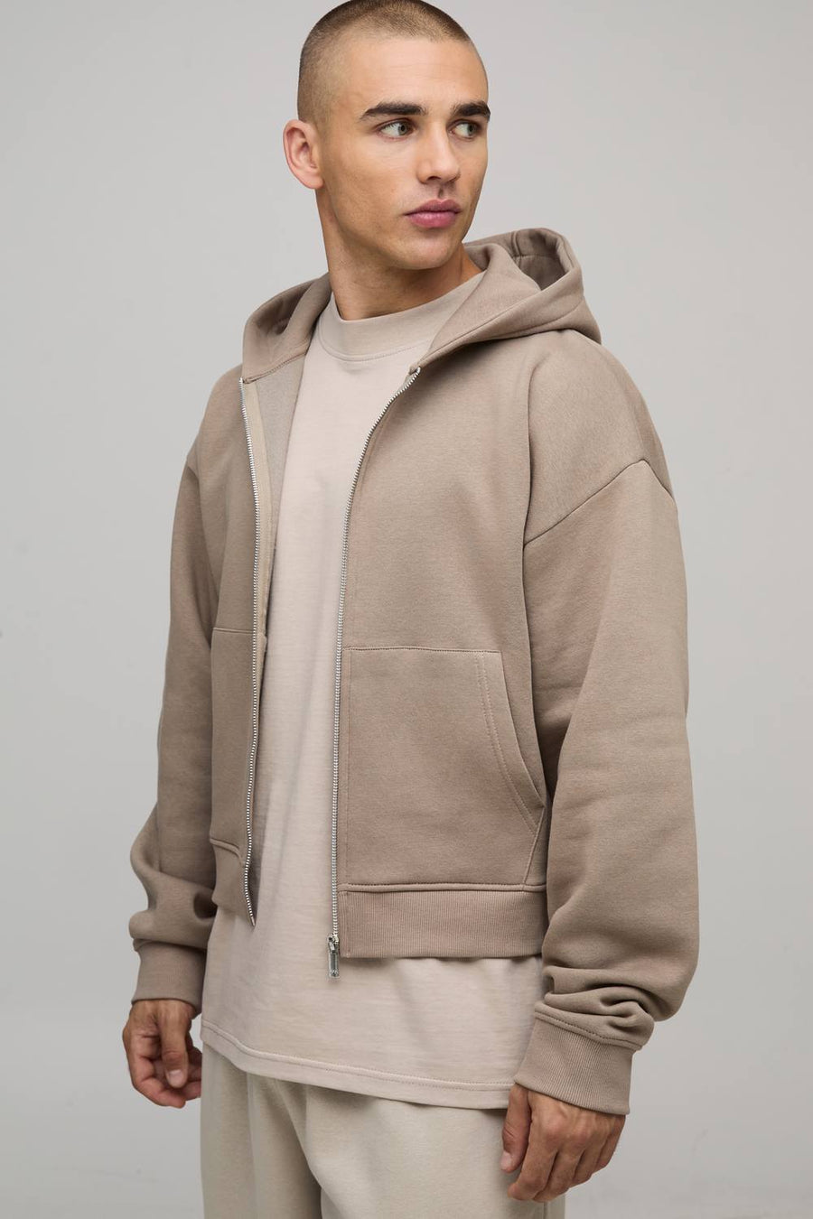 Essential Shrunken Boxy Zip Through Hoodie | Taupe | Size Medium