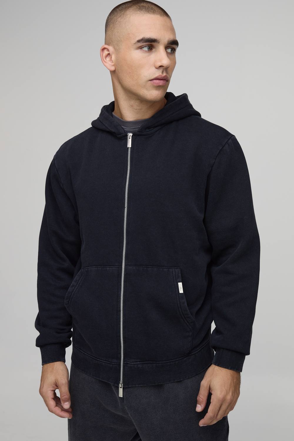 Washed Regular Fit Zip Through Hoodie | Washed Black | Size Medium
