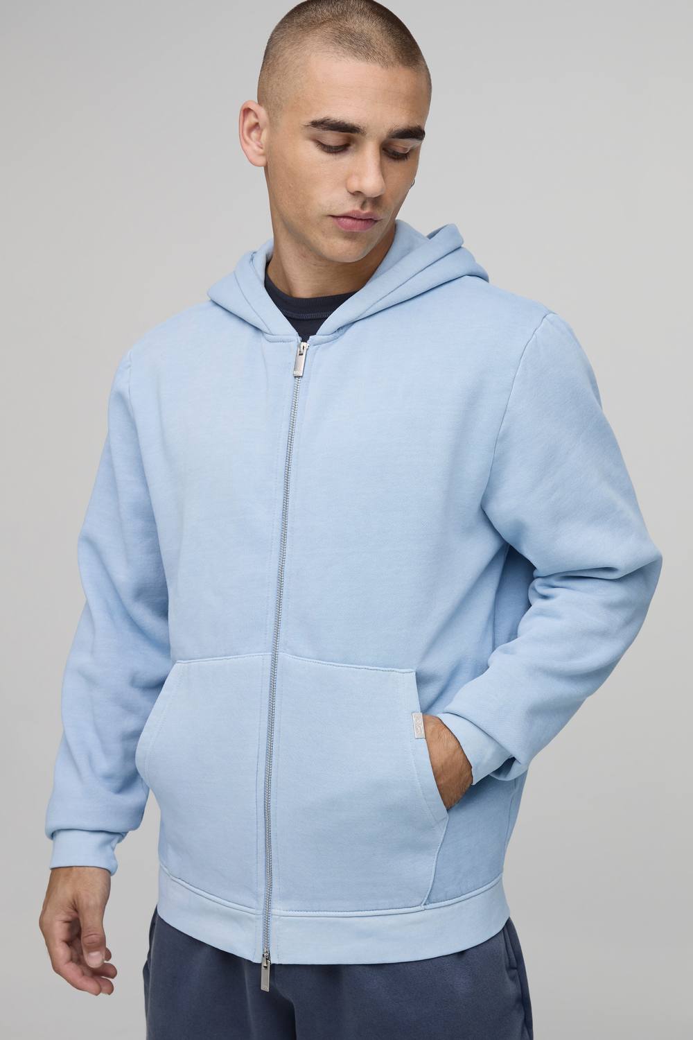 Essential Washed Boxy Zip Through Hoodie | Washed Light Blue | Size Medium