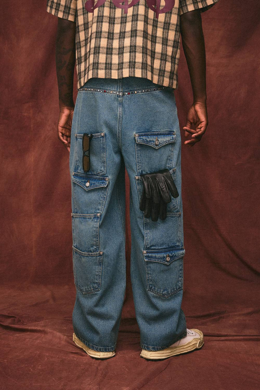 Embellished Trim Multi Pocket Baggy Jeans | Vintage Blue | Size 36