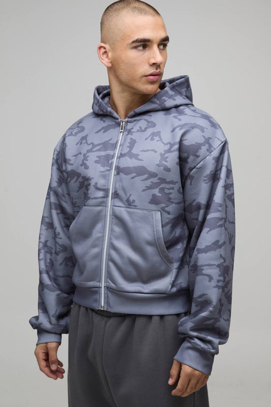 Shrunken Fit Camo Print Zip Through Hoodie | Black | Size Medium